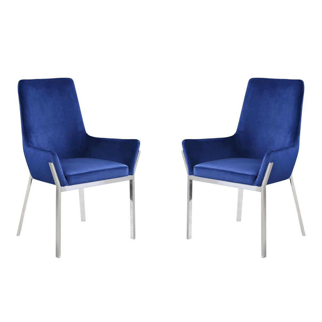 Set of 2 Blue Velvet Upholstered Side Chairs in Mirrored Silver Finish