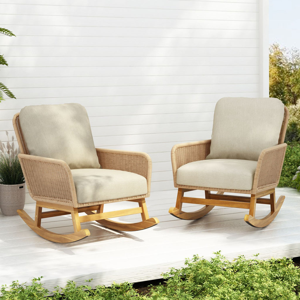 [Set of 2] Contemporary Minimalist Beige Wicker Rocking Chair with Soft Polyester Cushions and Durable Wooden Frame, Perfect for Indoor and Outdoor Spaces like Patio, Balcony, or Living Room