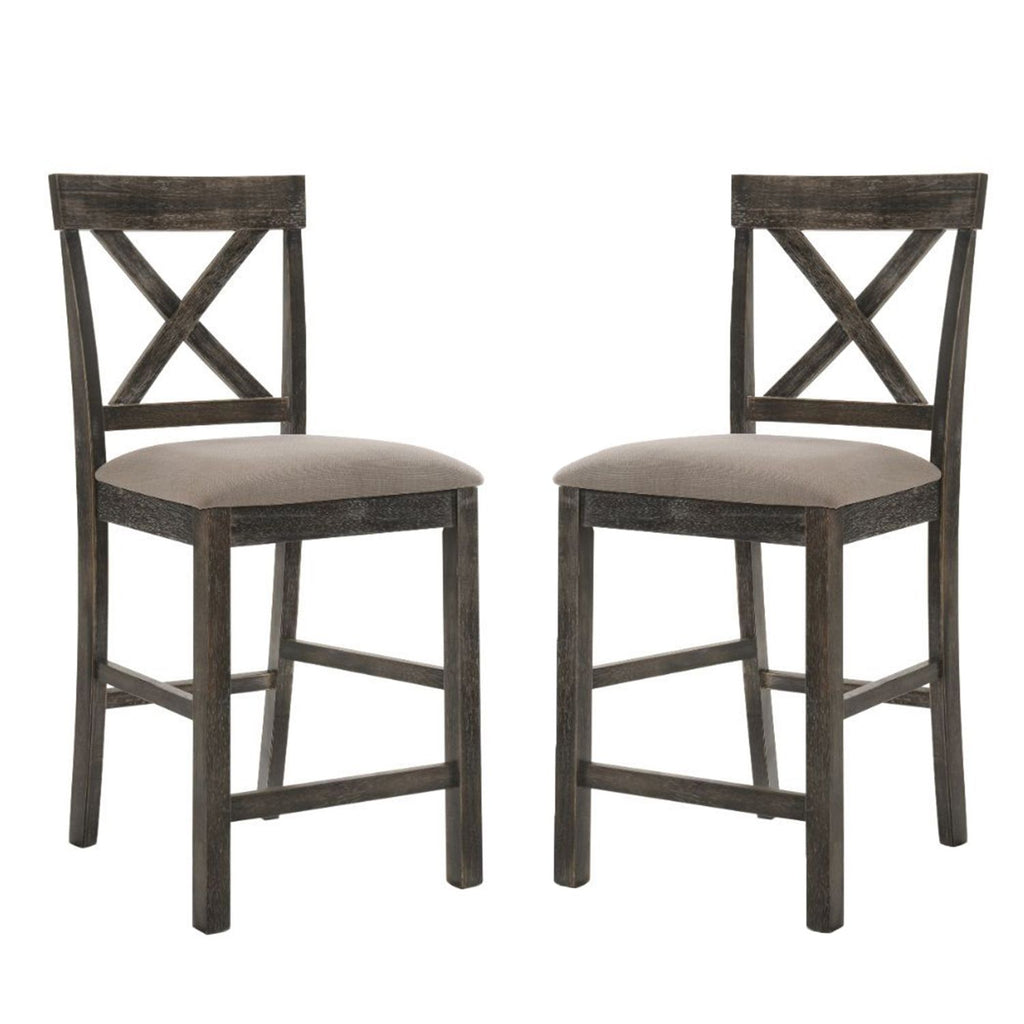 Set of 2 Counter Height Chairs with Linen Padded Seat, Tan and Weathered Gray