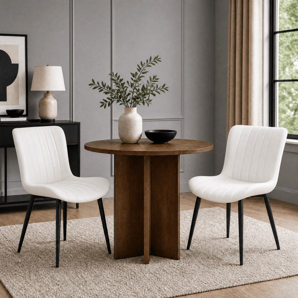 Set of 2 Cream White Dining Chairs: Faux Leather Mid-Century Modern Accent Chairs for Kitchen, Dining Room, Living Room, and Reception
