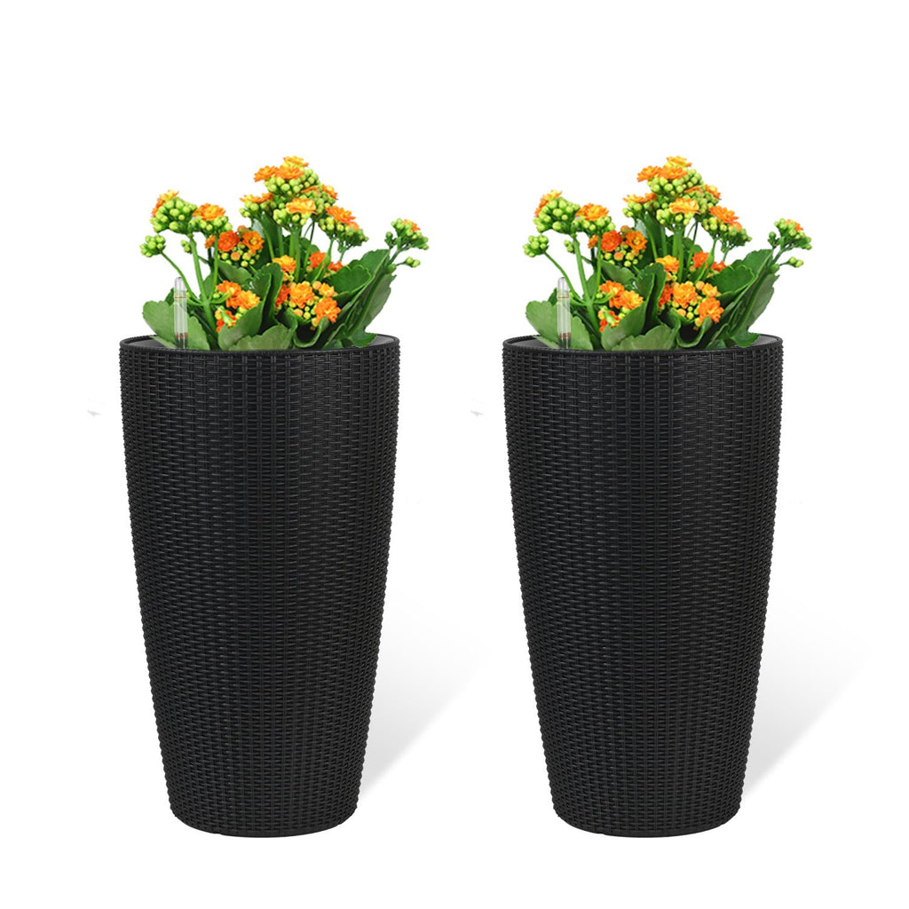 Set of 2 Faux Rattan Tall Planters Outdoor Indoor Large Planters with Water Level Monitor Inner Bucket, Automatic Watering, Flower Plant Pots for Garden, Patio, Porch, Backyard (Black, 22 inch )