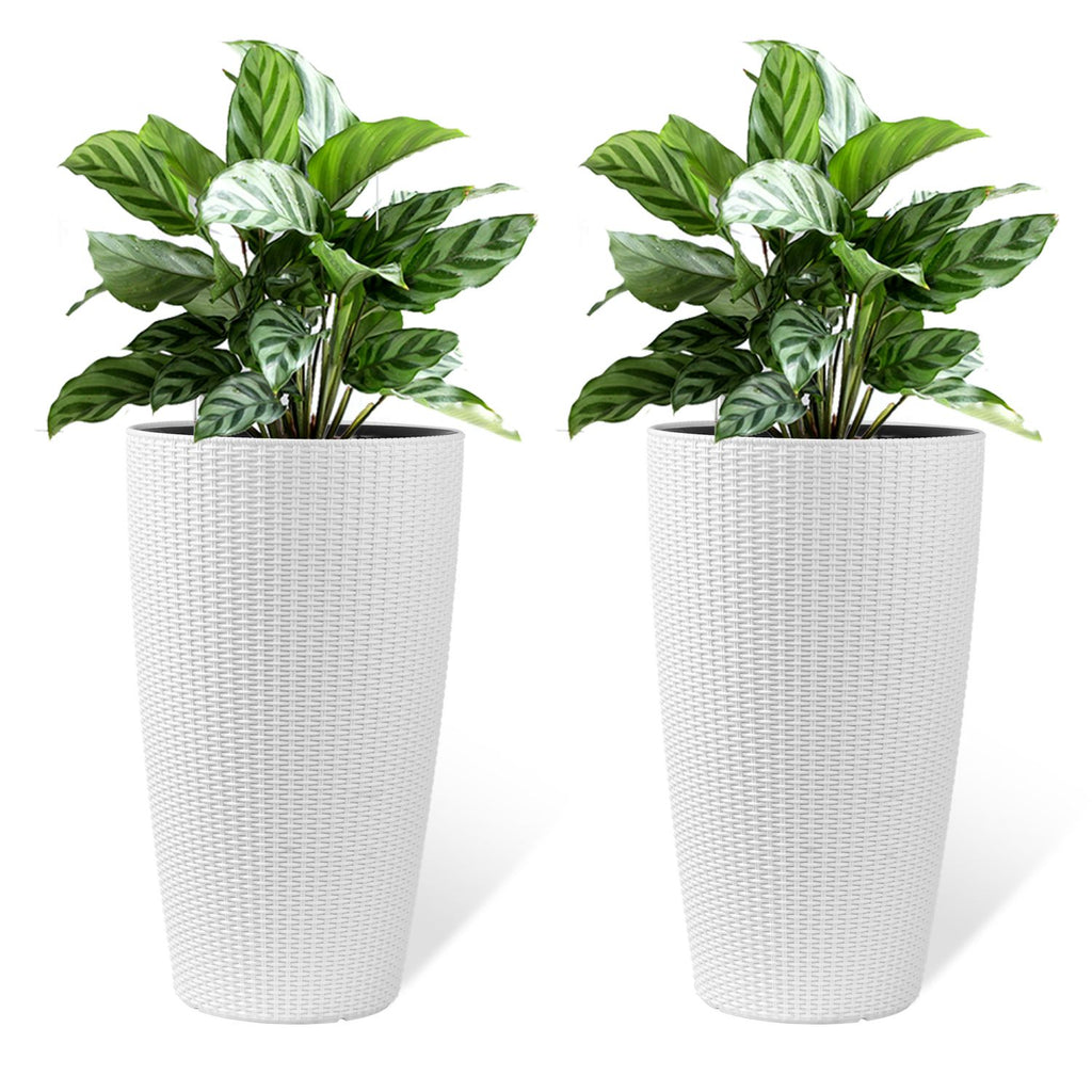 Set of 2 Faux Rattan Tall Planters Outdoor Indoor Large Planters with Water Level Monitor Inner Bucket, Automatic Watering, Flower Plant Pots for Garden, Patio, Porch, Backyard (White, 22 inch )