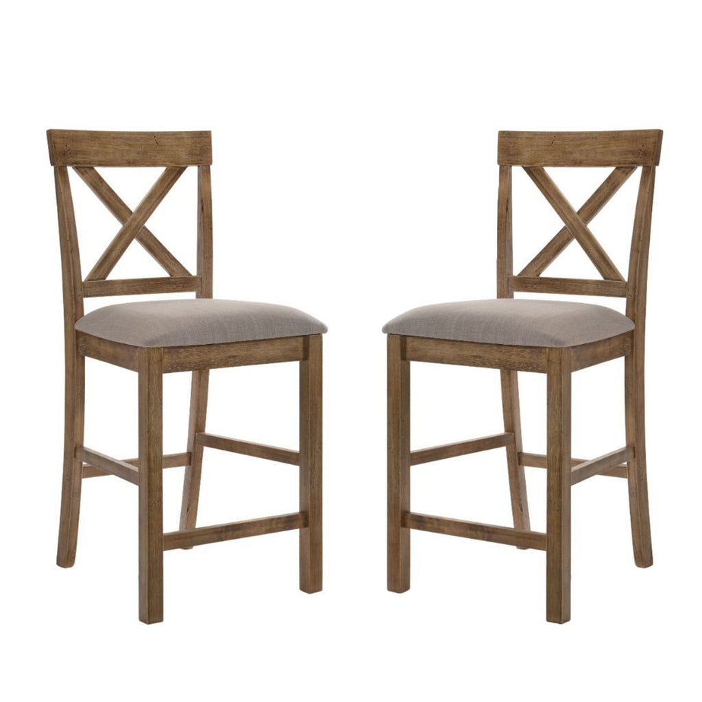 Set of 2 Linen Upholstered Counter Height Chairs, Tan and Weathered Oak