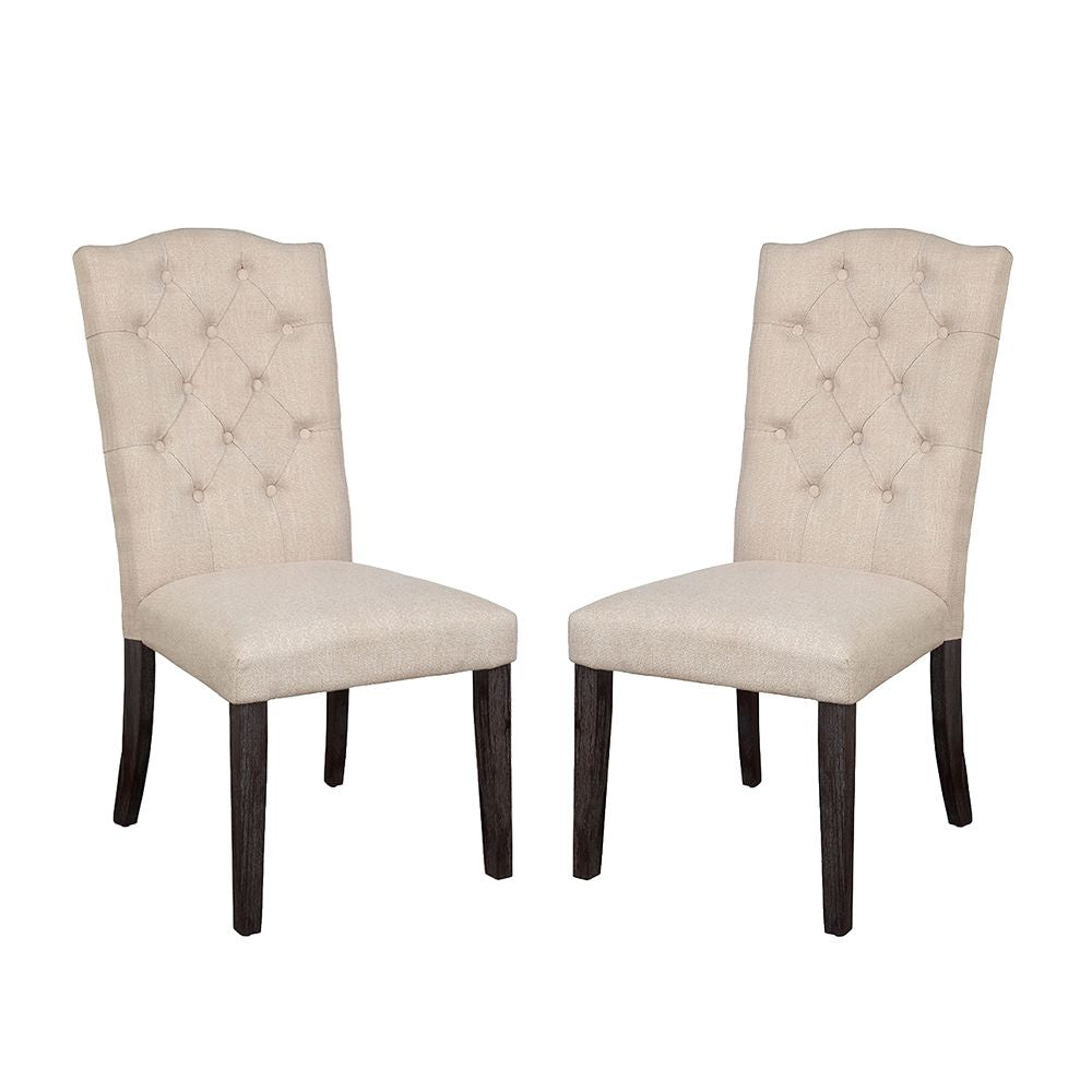 Set of 2 Linen Upholstered Dining Chairs with Tufted Back, Beige and Weathered Espresso