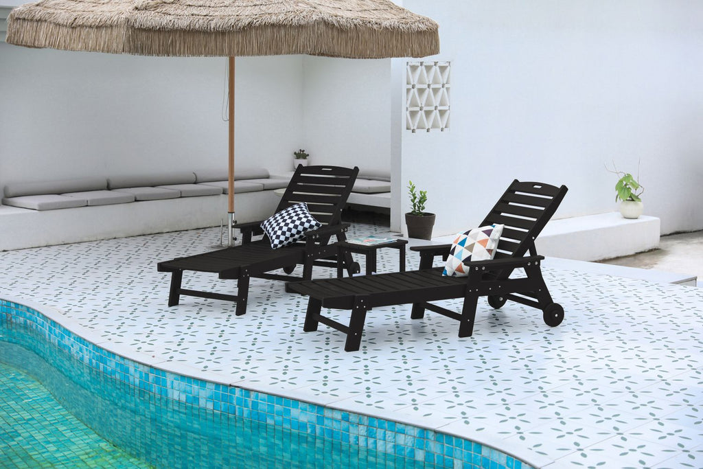 Set of 2 Lounge Chair Outdoor, Oversized Chaise Lounge Chair with 5 Positions, HDPE, Patio Lounge Chair with Wheels & Cup Holder for Pool, Deck, Poolside, Black