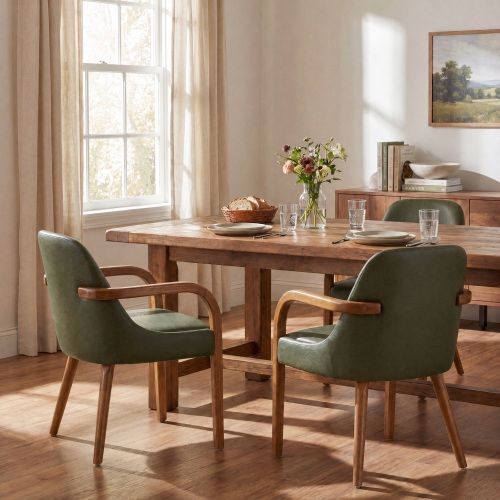Set of 2 Mid-Century Green PU Dining Chairs with Rubber Wood Legs , 250 lbs Capacity, Indoor Upholstered Armchairs