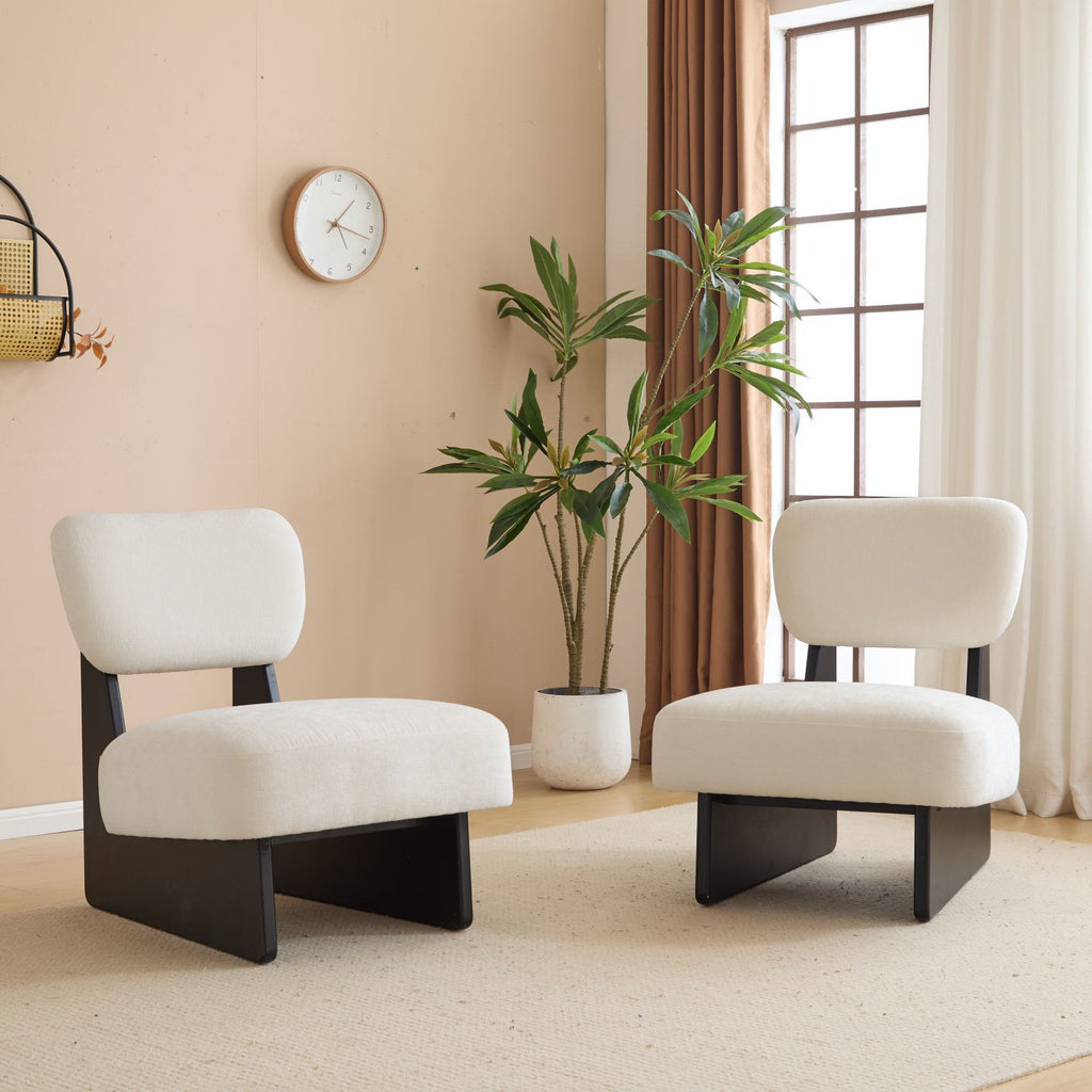 [Set of 2] Modern Beige Lounge Chair with Polyester Upholstery, Sturdy Wood Base With Black Finish, Minimalist and Stylish Accent Seating for Living Room, Bedroom, or Office