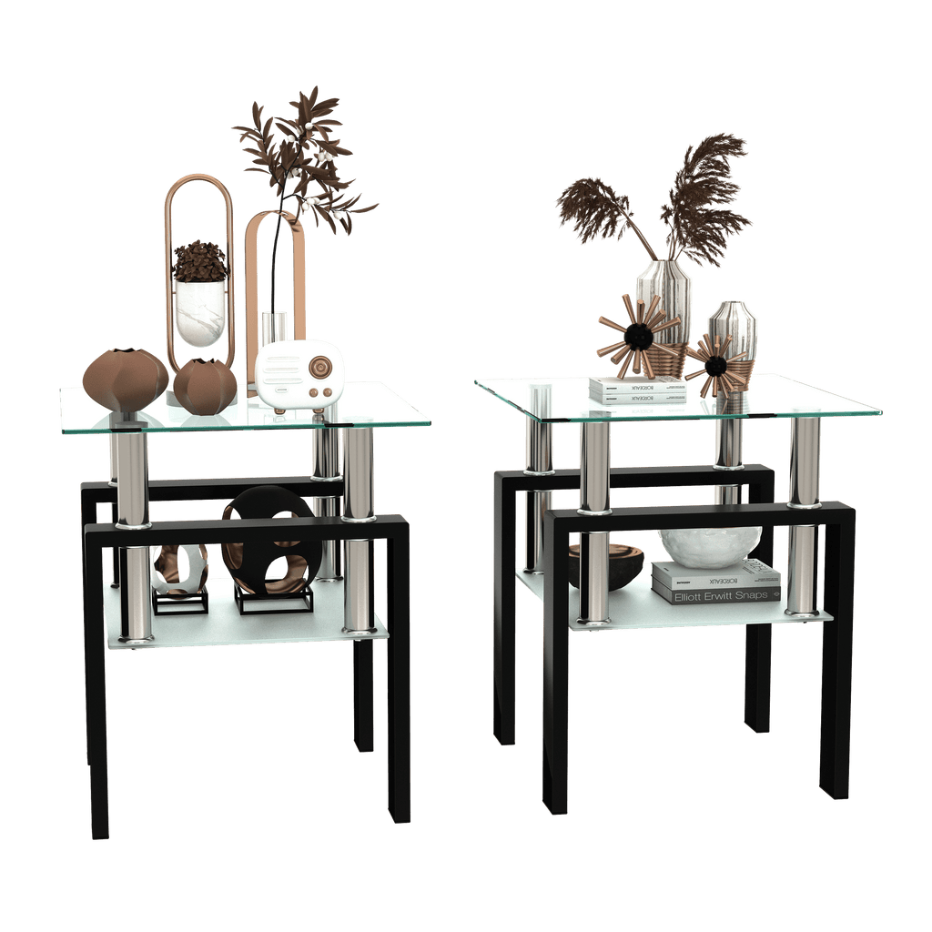 Set of 2, Modern Tempered Glass Tea Table Coffee Table End Table, Square Table for Living Room, Transparent/Black