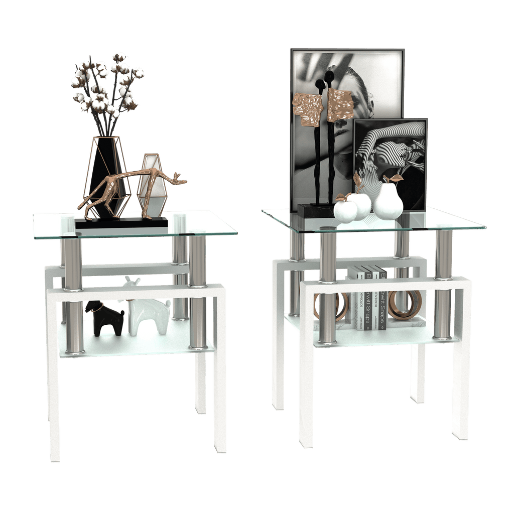 Set of 2, Modern Tempered Glass Tea Table Coffee Table End Table, Square Table for Living Room, Transparent/White