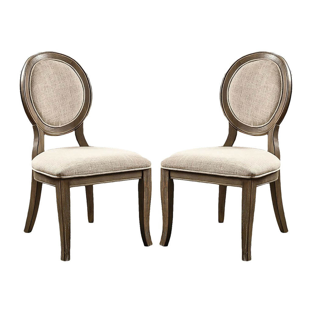 Set of 2 Padded Beige Fabric Dining Chairs in Rustic Oak Finish