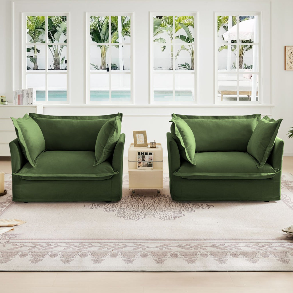 Set of 2 Slipcovered Armchairs,Deep Seat Accent Chair Set for Living Room, Reading Room, Bedroom and Working Spaces,Armchair Sets with Large Soft Pillows,Chenille Fabric,Green