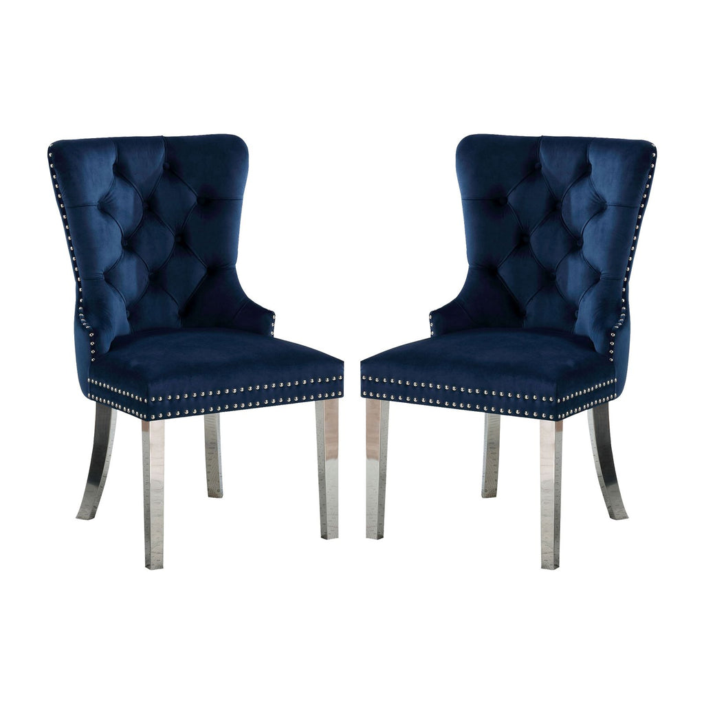 Set of 2 Wingback Dining Chairs with Button Tufted Back in Blue and Chrome