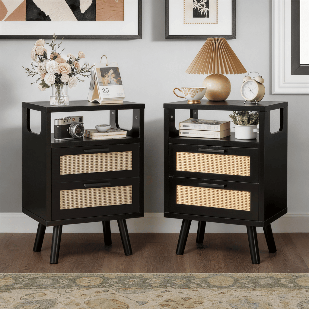Set of 2 with 2 Drawers, 15.4" Modern Storage Bedside Table with Golden Metal Handles, Wooden End Table for Bedroom, Black