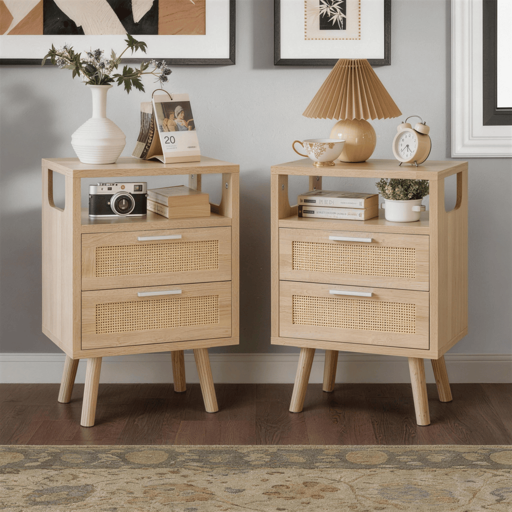 Set of 2 with 2 Drawers, 15.4" Modern Storage Bedside Table with Handles, Wooden End Table for Bedroom,Natural Wood