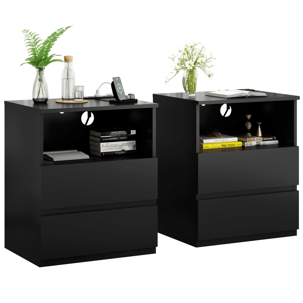 (Set of 2)End Table with Fast USB C Charging Station, Sofa Side Table with 2 Drawers, Large Storage Modern Wood Storage Cabinet for Living Room,Bedroom,Office, Black