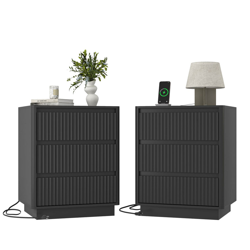 (Set of 2)End Table with Fast USB C Charging Station, Sofa Side Table with 3Drawers, Large Storage Modern Wood Storage Cabinet for Living Room,Bedroom,Office, Black