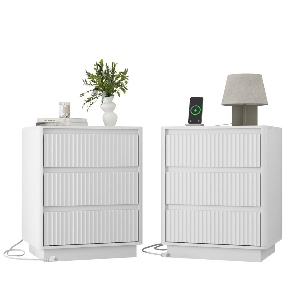(Set of 2)End Table with Fast USB C Charging Station, Sofa Side Table with 3Drawers, Large Storage Modern Wood Storage Cabinet for Living Room,Bedroom,Office, White
