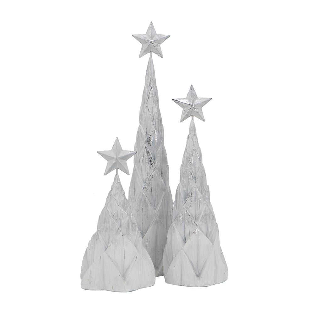 Set of 3 Resin White/Silver Foil Christmas Tree With Star Top, L:4x4x16" M:4x4x12" S:4.5x4.5x8.8"