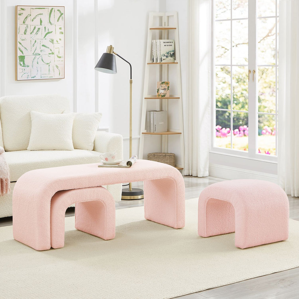 Set of 3 U-Shaped Modern Bench Teddy Ottoman Bench for Entryway, Bedroom End of Bed, Set of 3 Small Sofa Footrest Extra Seating for Living Room, 44+18 Inch Bench Bench & Ottoman-Pink