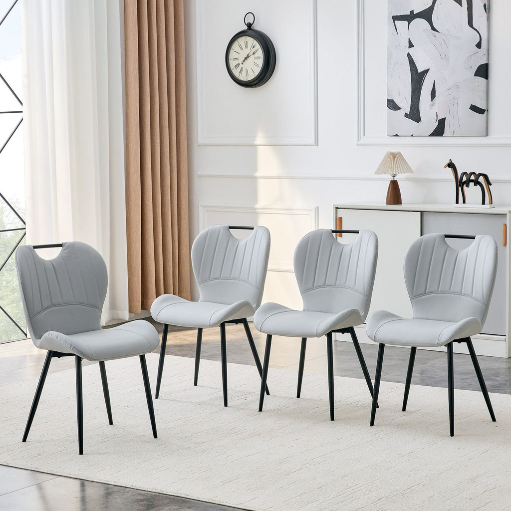 Set of 4 Light Grey PU Dining Chairs with Integrated Handle. Black Metal Frame, Adjustable Leveling Feet. Home Dining Chairs with Extra-Wide Comfortable Cushion, Versatile for Multiple Scenarios.