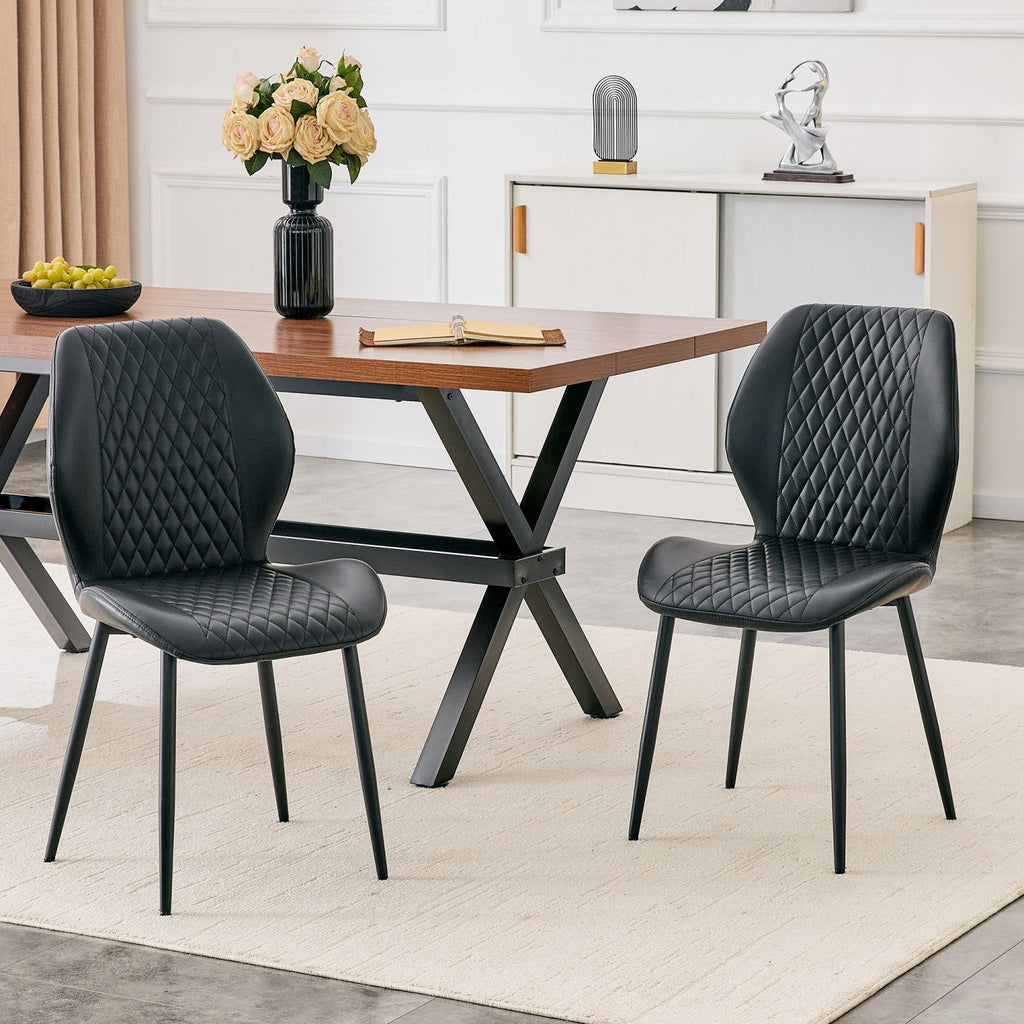 Set of 4 modern light luxury black diamond-quilted PU chairs with black metal legs. Suitable as upholstered dining chairs with backrests for home dining rooms, adaptable to a wide range of scenarios.