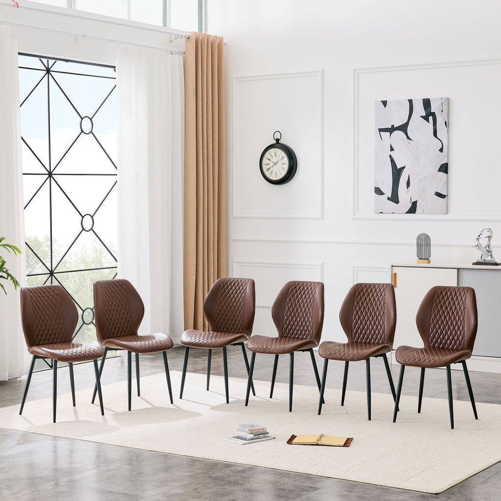 Set of 4 modern light luxury brown diamond-quilted PU chairs with black metal legs. Suitable as upholstered dining chairs with backrests for dining rooms, adaptable to a wide range of scenarios.