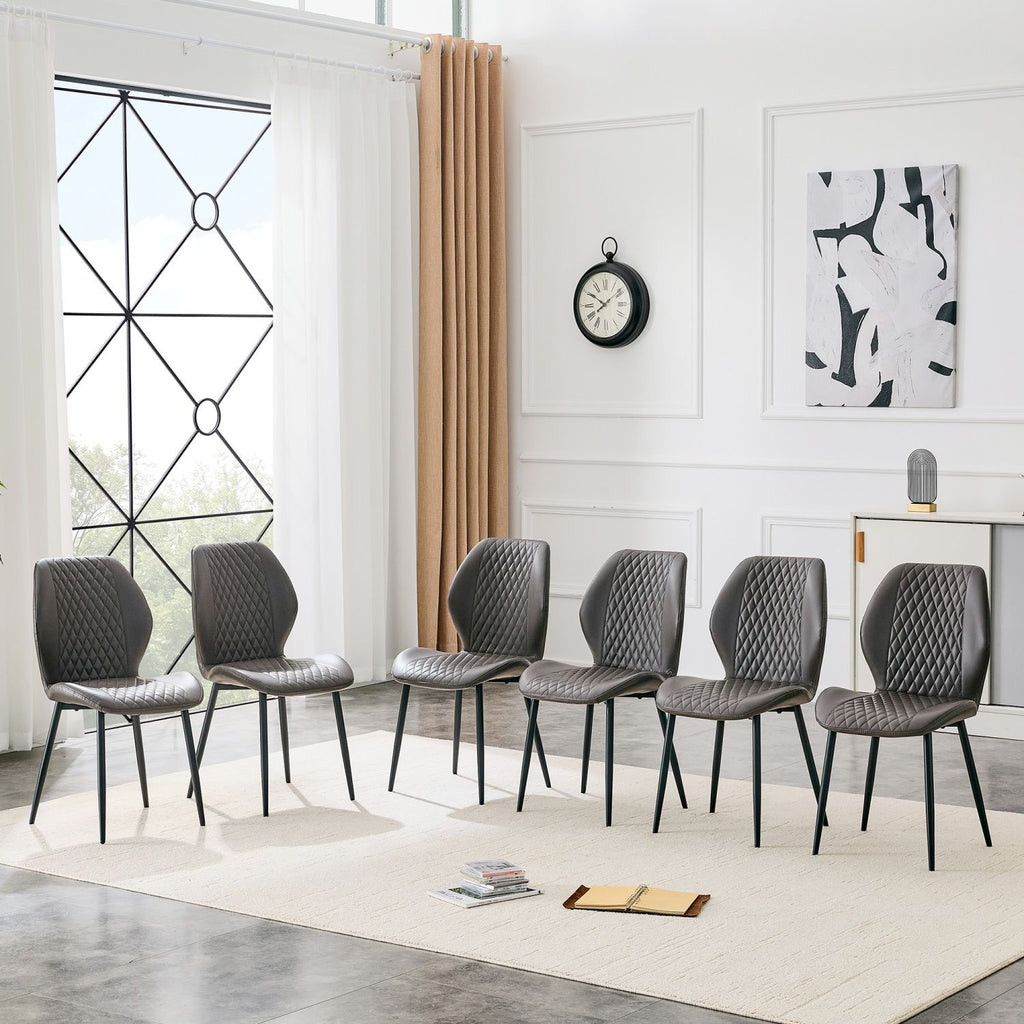 Set of 4 modern light luxury dark gray diamond-quilted PU chairs with black metal legs. Suitable as upholstered dining chairs with backrests for dining rooms, adaptable to a wide range of scenarios.