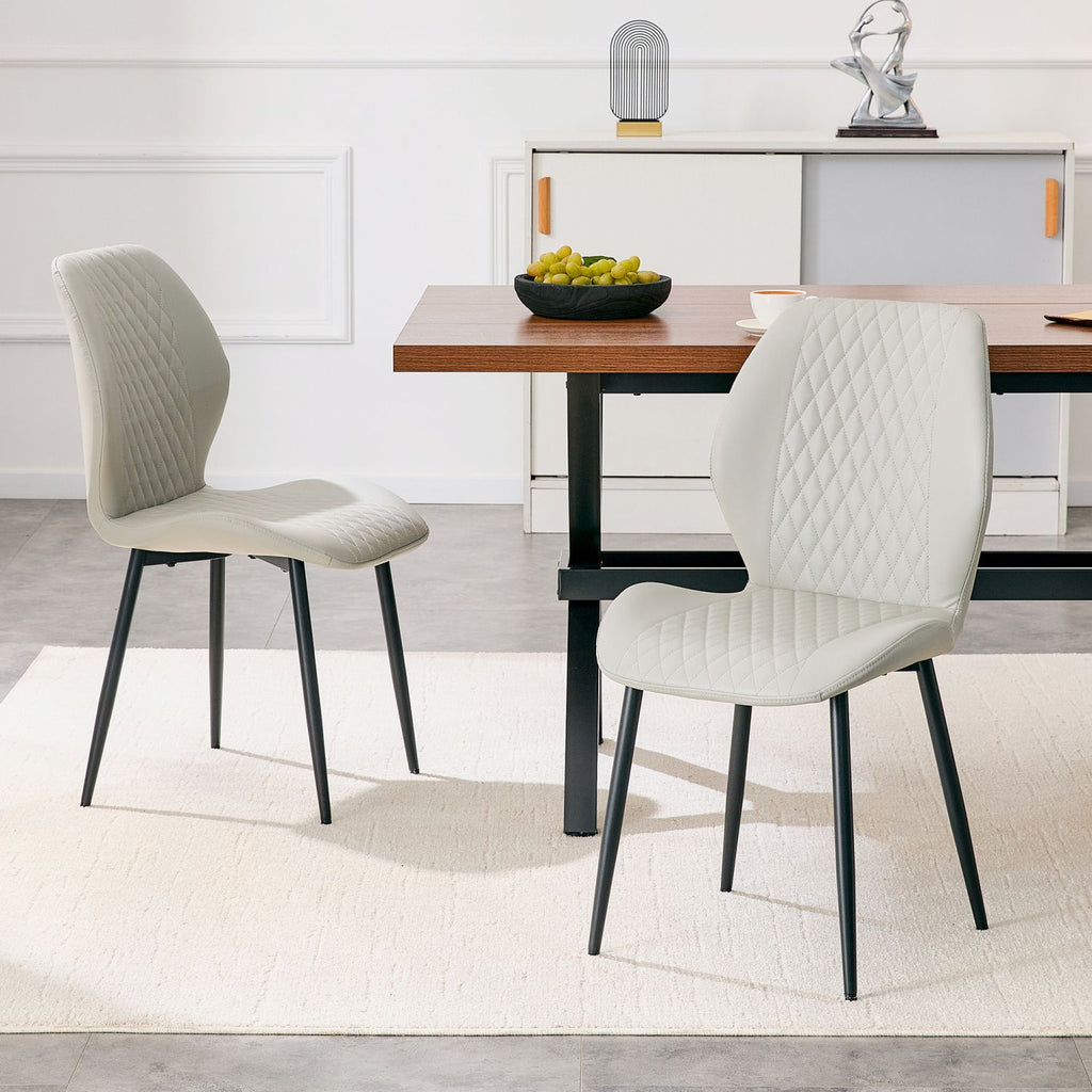 Set of 4 modern light luxury light gray diamond-quilted PU chairs with black metal legs. Suitable as upholstered dining chairs with backrests for dining rooms, adaptable to a wide range of scenarios.