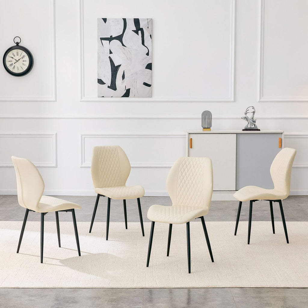 Set of 4 modern light luxury white diamond-quilted PU chairs with black metal legs. Suitable as upholstered dining chairs with backrests for dining rooms, adaptable to a wide range of scenarios.