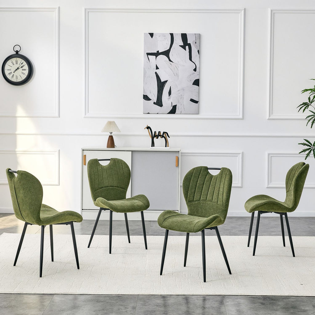 Set of 4 Olive Green Fabric Dining Chairs with Integrated Handle.Black Metal Frame, Adjustable Leveling Feet. Home Dining Chairs with Extra-Wide Comfortable Cushion, Versatile for Study or Vanity Use.