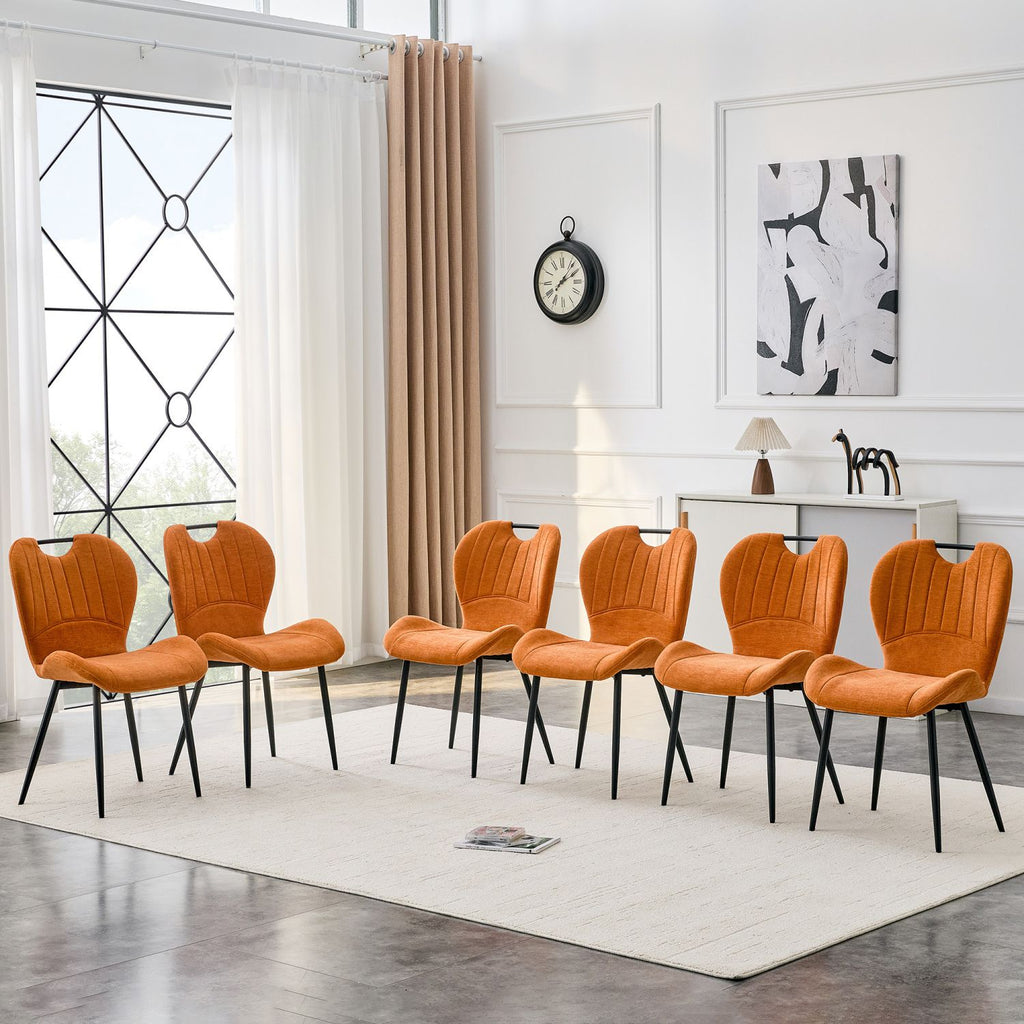 Set of 4 Orange Fabric Dining Chairs with Integrated Handle.Black Metal Frame, Adjustable Leveling Feet. Home Dining Chairs with Extra-Wide Comfortable Cushion, Versatile for Study or Vanity Use.