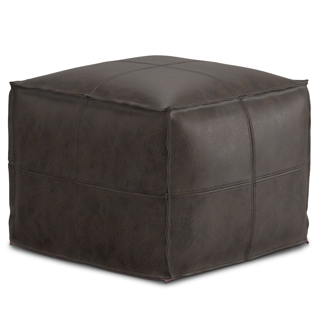 Sheffield 18 inch Wide Square Pouf in Distressed Dark Brown Genuine Leather