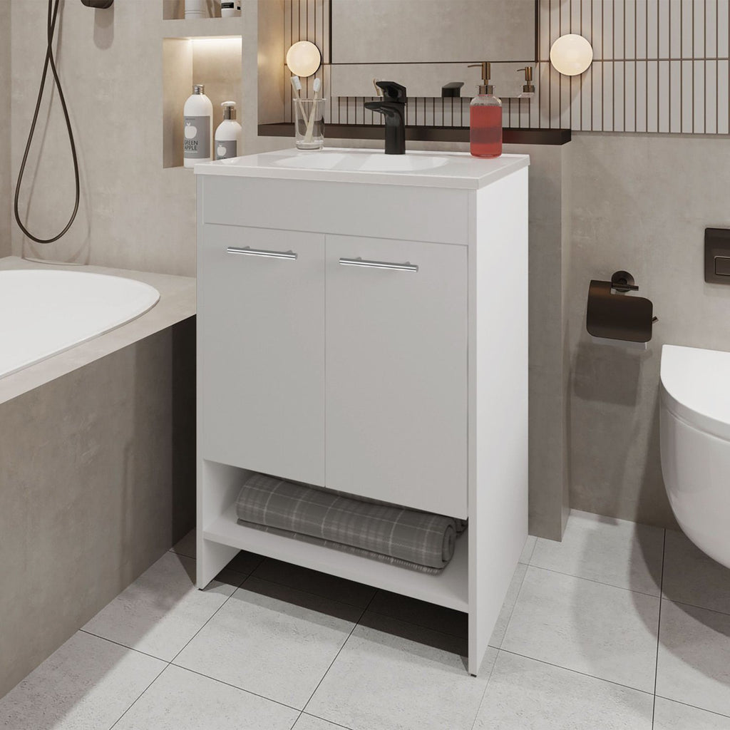 Shell Bathroom Vanity with 2 Doors and Open Storage, White