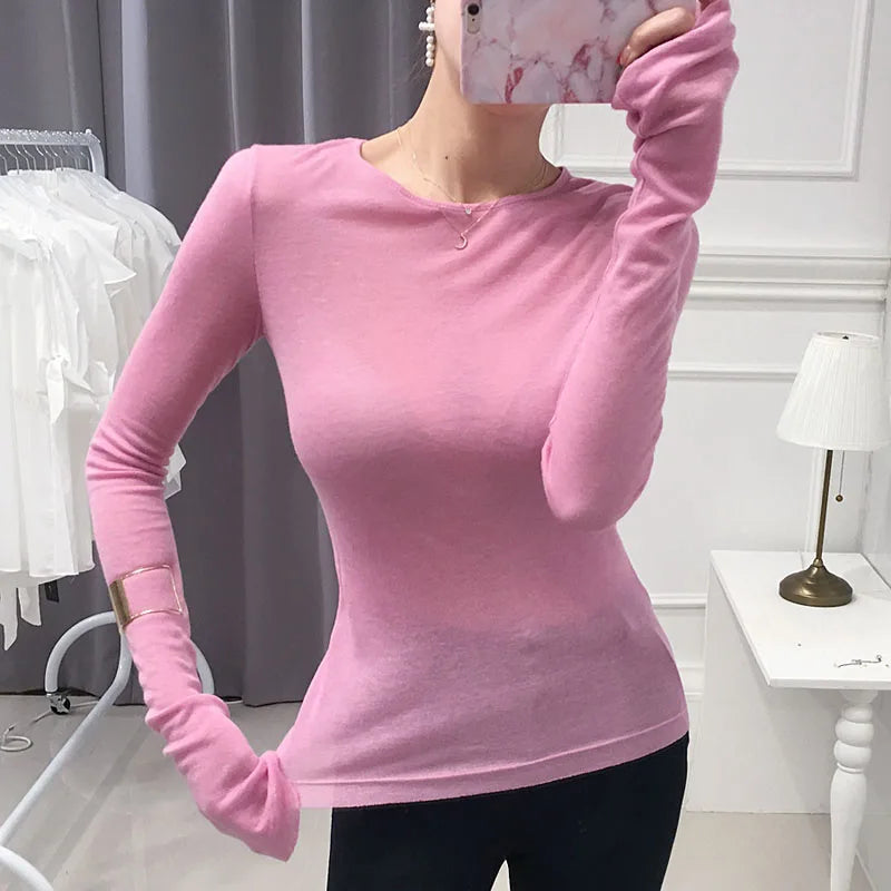 Slim Fit Long Sleeve Women’s T-Shirt Stretchy Basic Soft Knit Top Stylish Casual Tee