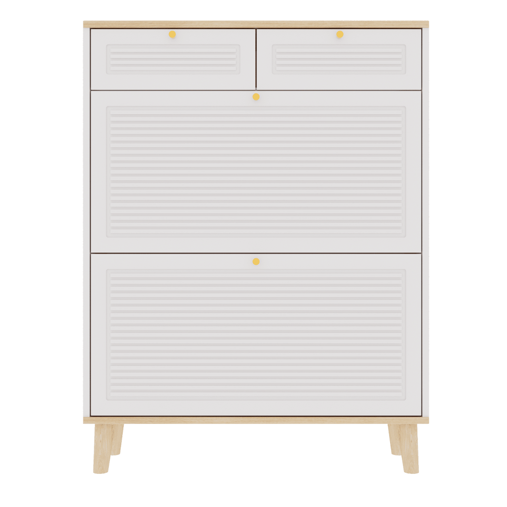 Shoe cabinet with 2 flip-up doors and 2 drawers,narrow shoe rack cabinet,freestanding shoe organizer,shoe organizer for entryway,with natural wood legs(white natural)