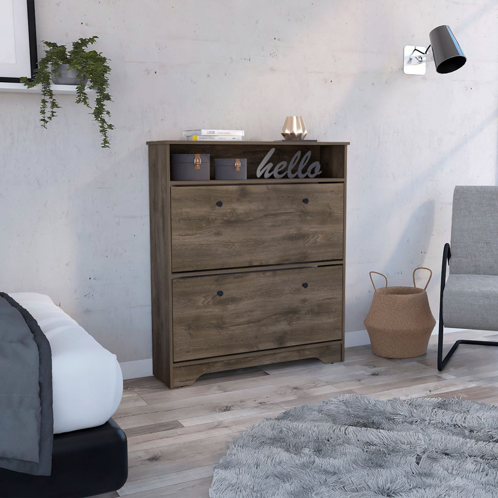 Shoe Rack 46" H, One Open Storage Shelf, Two Internal Storage Drawers, Two Doors, Dark Brown