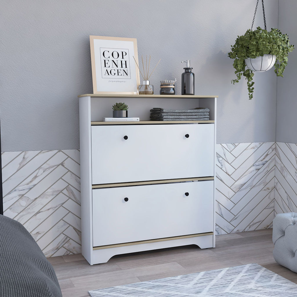 Shoe Rack 46" H, One Open Storage Shelf, Two Internal Storage Drawers, Two Doors, Light Oak / White