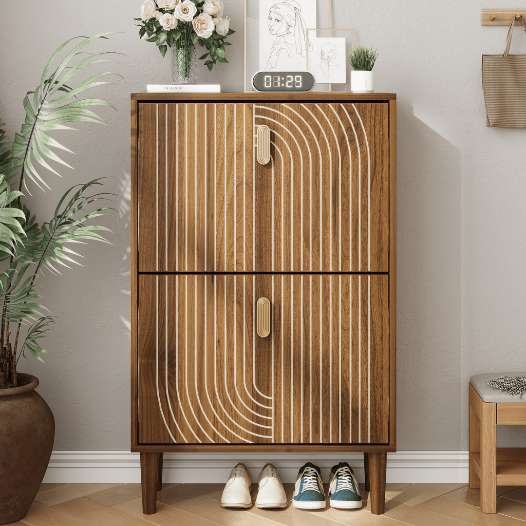 Shoe Storage Cabinet with 2 Flip Drawers,Free standing Shoe Cabinet with Metal Handles for Entryway,Shoe Rack Cabinet with line groove design,23.6"W