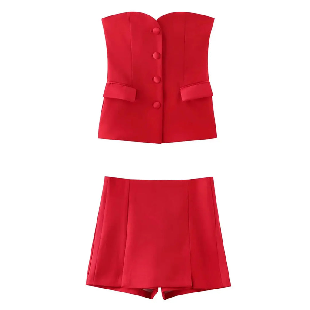 Casual Red Tube Top and Slim Slit Shorts Set for Women with Front Button Corset Detail Summer Office Lady Outfit