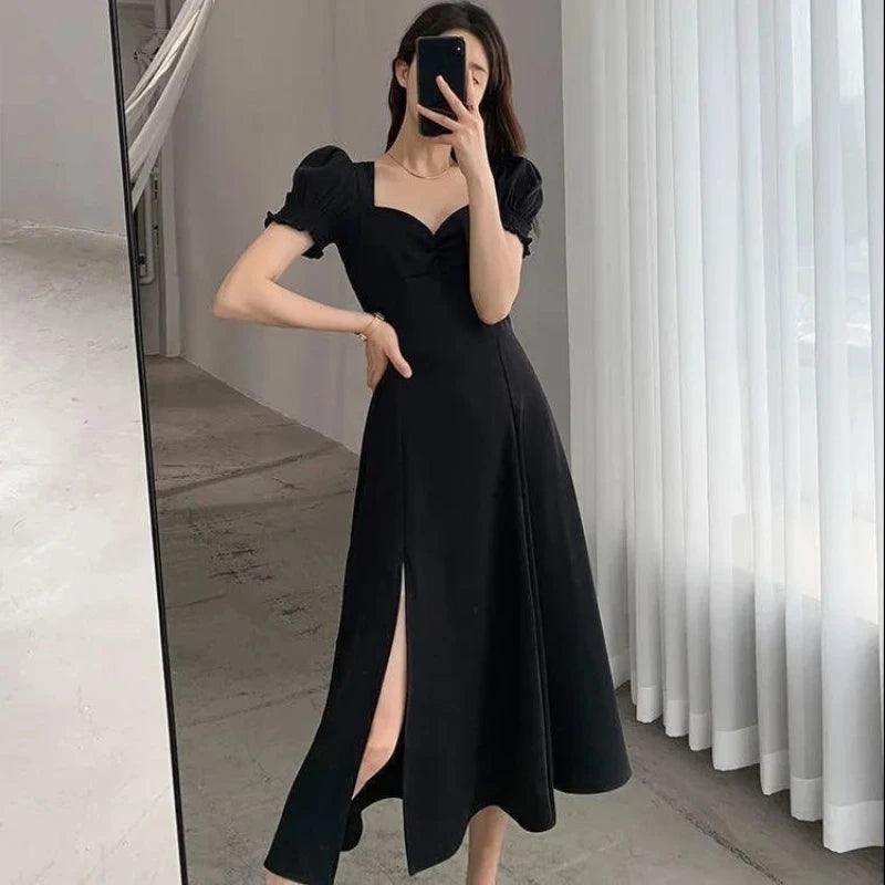 Solid Puff Short Sleeve Elegant Slit Dress with V-Neck High Waist Slim Fit Evening Party Dress for Women - NIICY