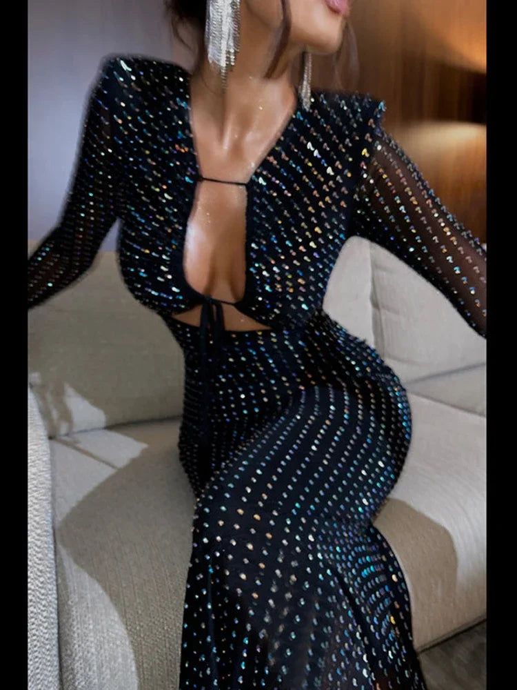 Autumn Winter Sequin Hollow Out Maxi Dress for Women Long Sleeve Lace Up Bodycon Party Club Wear Elegant Mesh Evening Gown