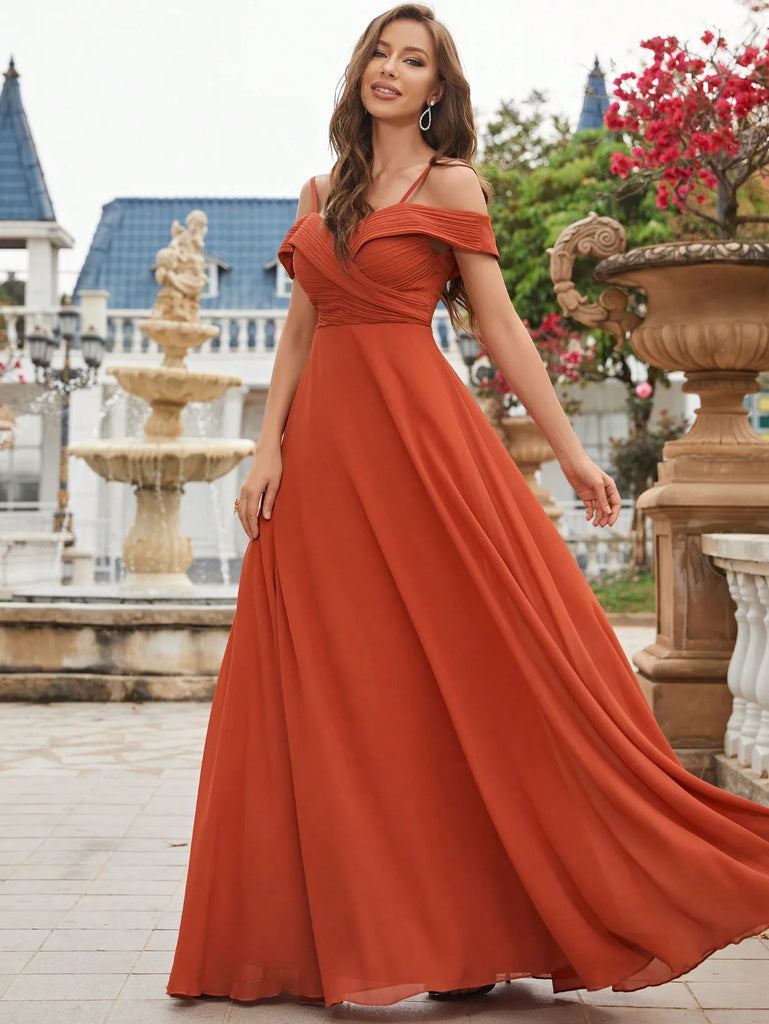 Cold Shoulder Ruched Floor Length Chiffon Bridesmaid Dress with Elegant Draping