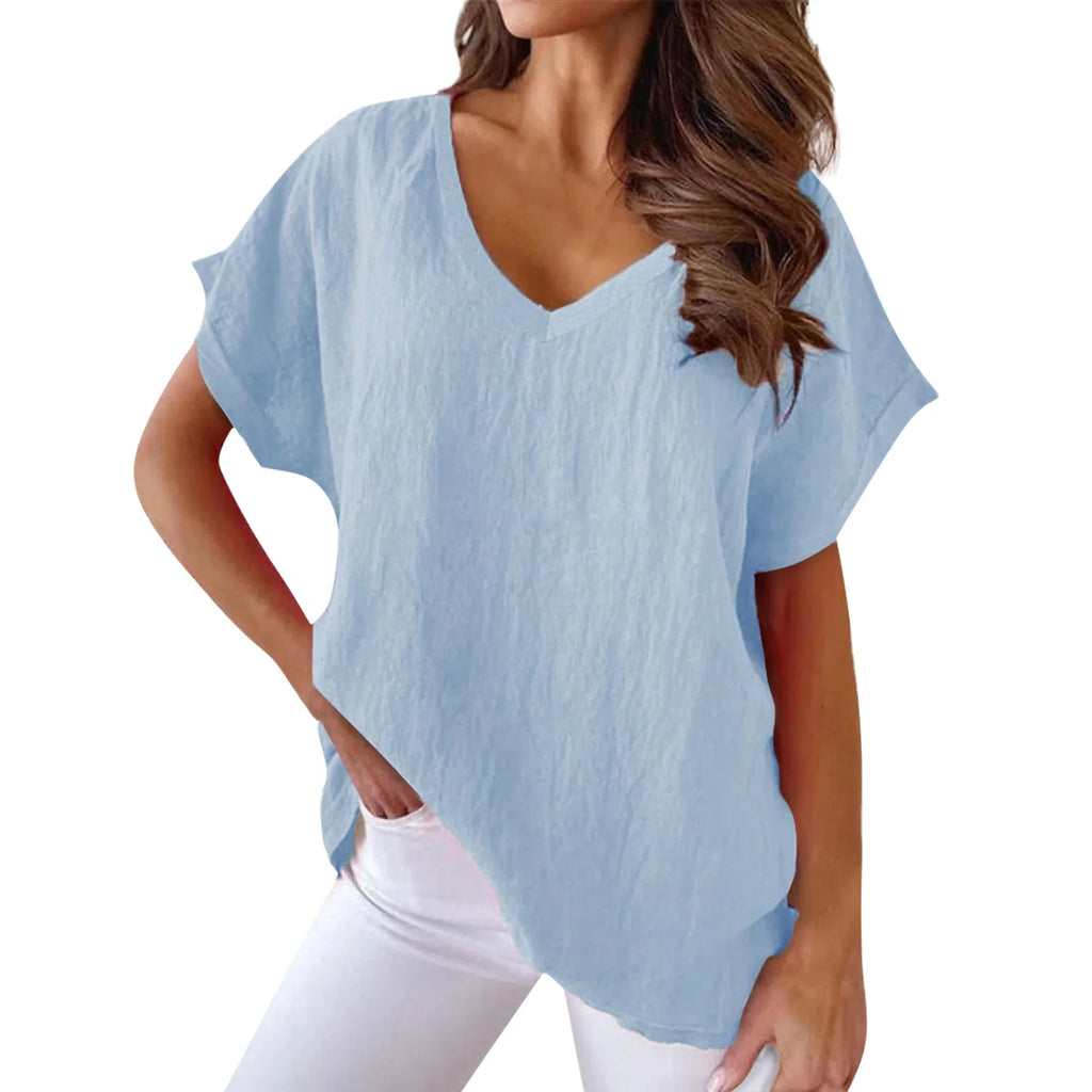 Women’s Breathable Cotton Deep V-Neck Solid Color Casual Short Sleeve T-Shirt with Stylish Twist Detail