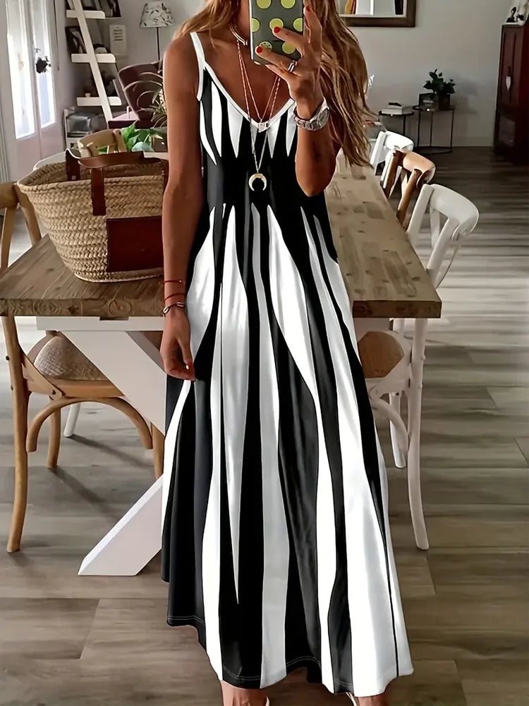 Abstract Print Maxi Dress for Women with Casual Sleeveless Spaghetti Strap Design and Flowy Fit in Multiple Sizes