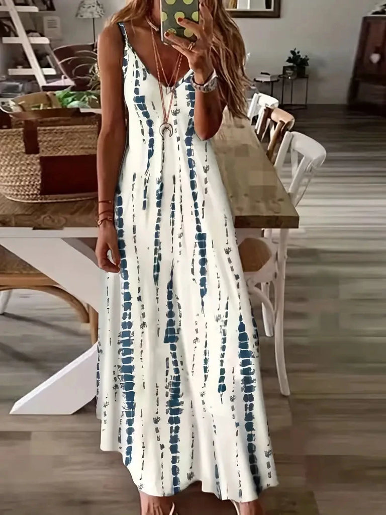 Women's Casual Loose V neck Tie Dye Printed Maxi Dress with Spaghetti Straps for Summer Beach Vacation and Long Casual Wear - NIICY
