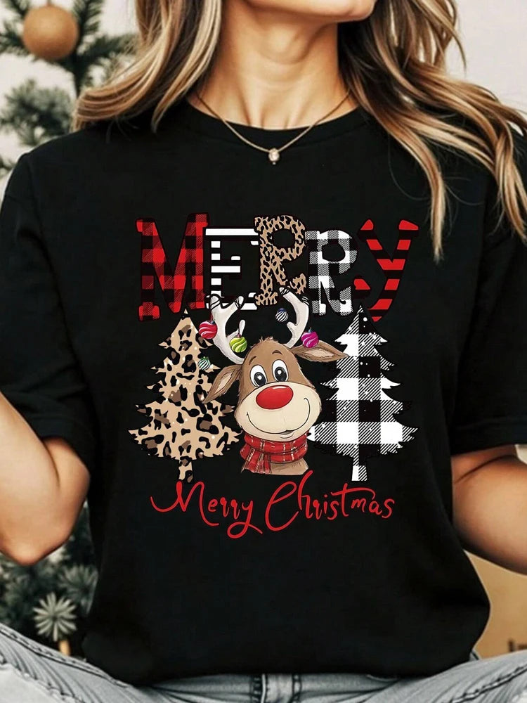 Casual Women’s Christmas T-Shirt with Cute Deer Leopard and Christmas Tree Cartoon Print Short Sleeve Soft Comfortable Tee