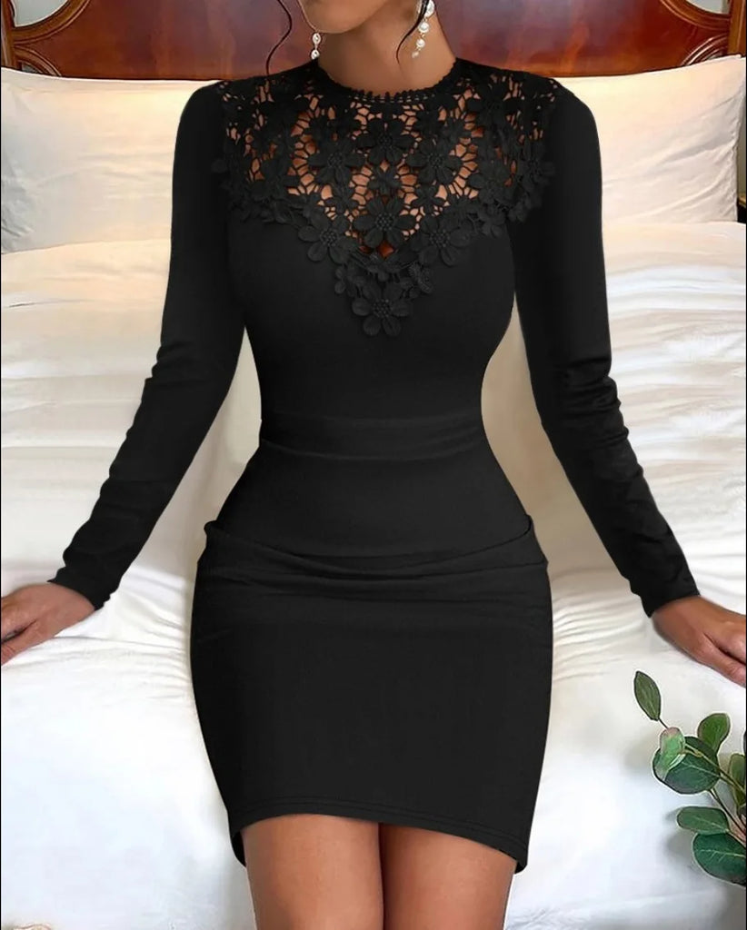 Women’s Fall Flower Lace Embroidery Mini Dress with Long Sleeves Wrap Design Elegant Winter Style Sexy Half Collar Bodycon Party Dress - NIICY