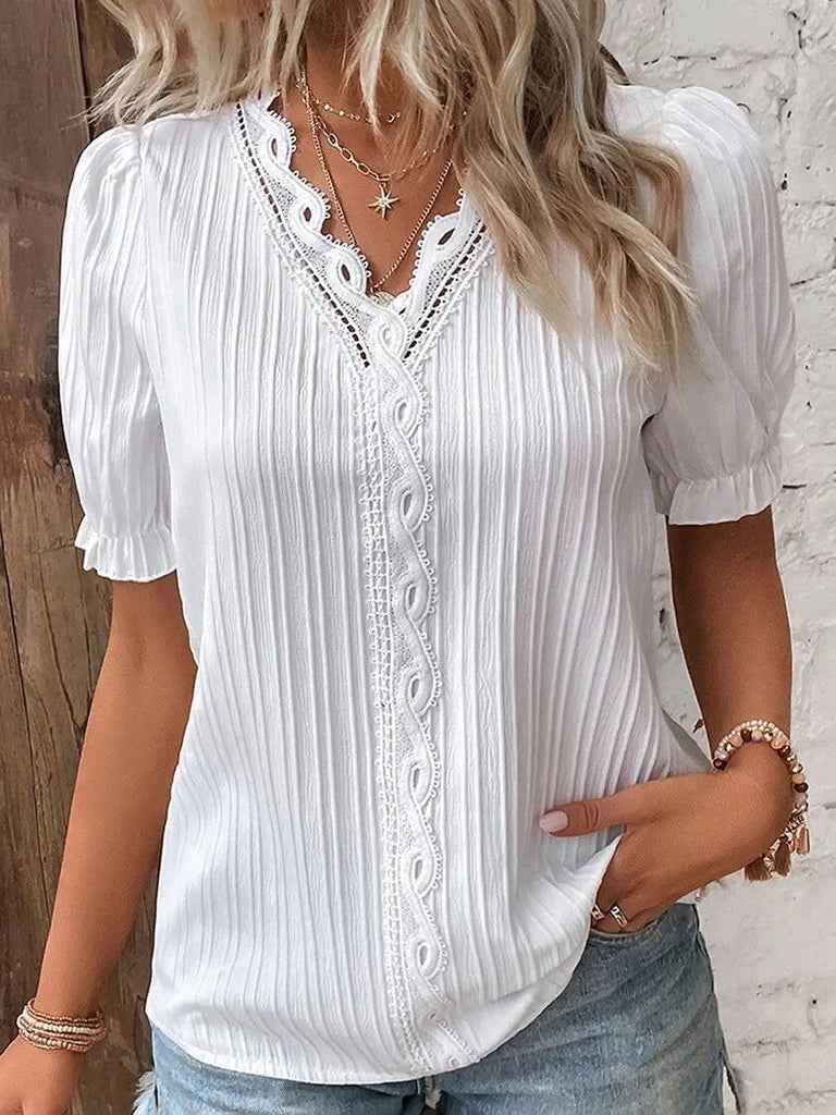 Women’s Sexy V-Neck Hollow Out Short Sleeve Top Solid Color Splice Summer Blouse