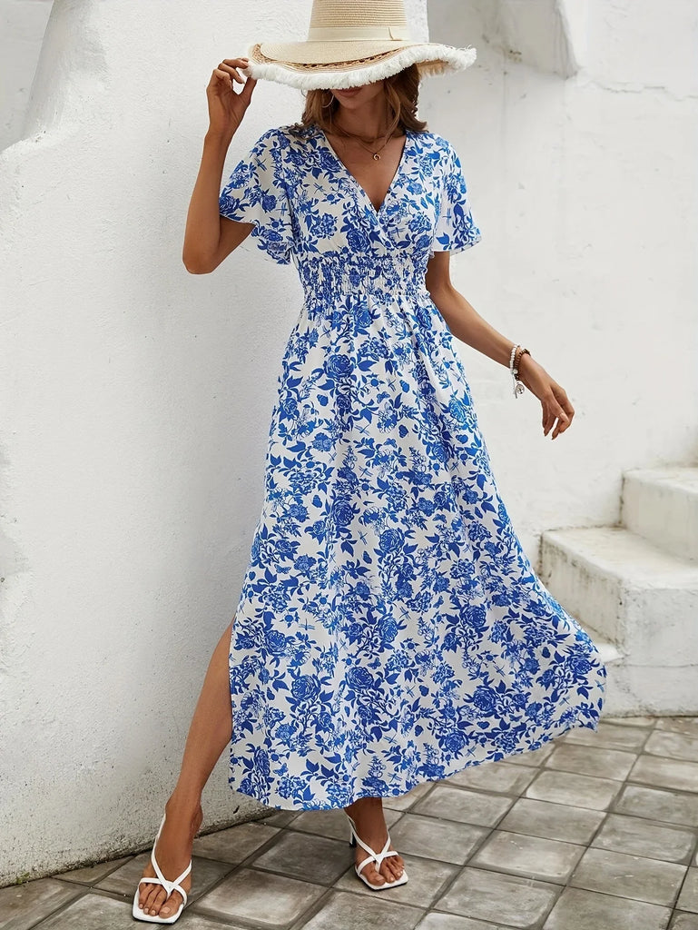 Women's Blue Bohemian Print Beach Skirt Dress with V-Neck Short Sleeves and Casual Comfort