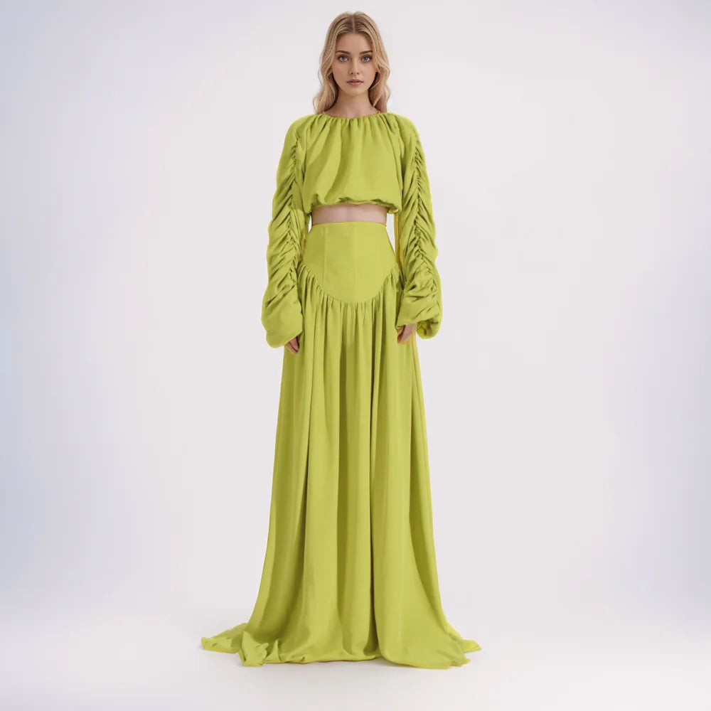 Elegant Two Piece Set for Women Long Sleeve Round Neck Top with High Waist Pleated Skirt Chic and Sophisticated Solid Color Outfit